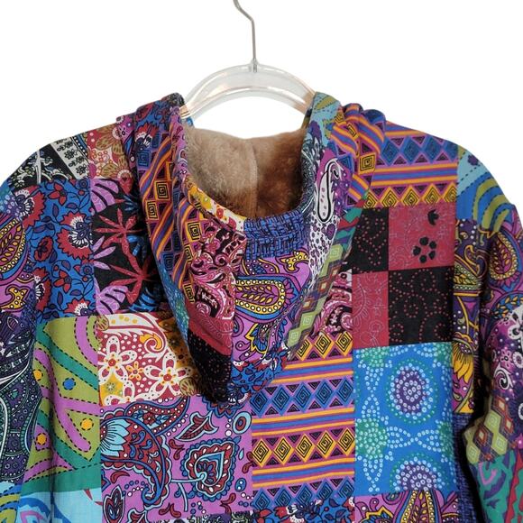 Patchwork Boho Hooded Coat Faux Fur Lined Button Down Mid Length Cozy Size L/XL - Picture 8 of 13
